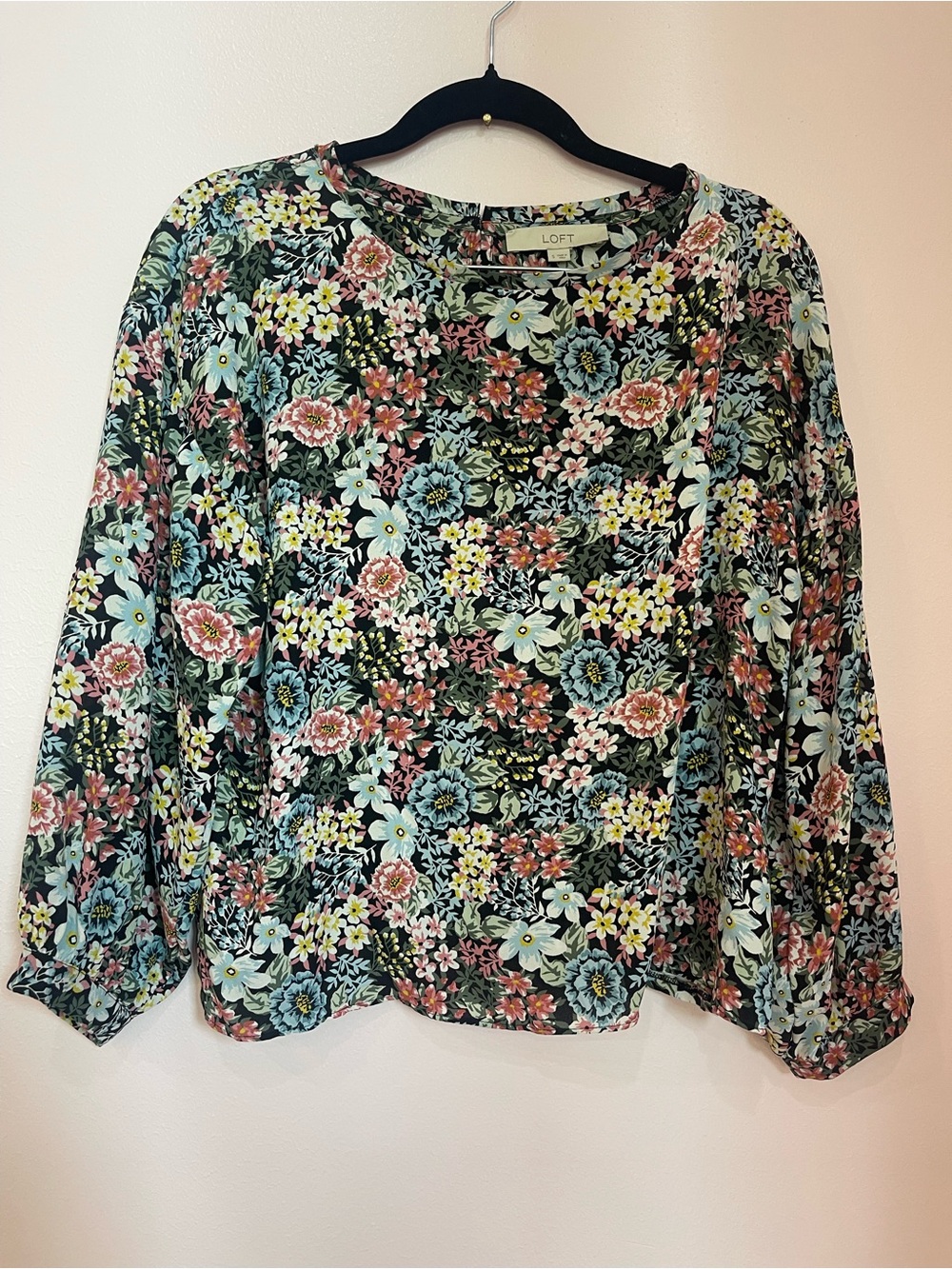 LOFT Black Floral Long-Sleeve Blouse